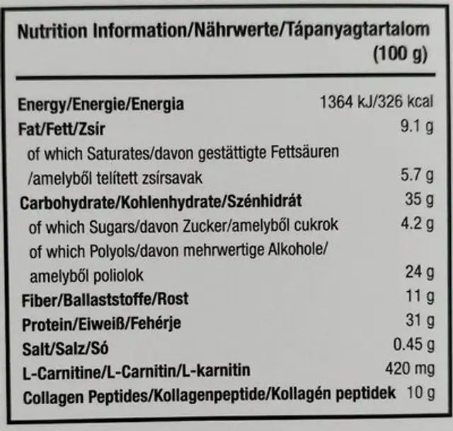 PROT'N'GO Protein Bar nutrition facts table