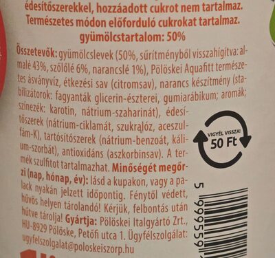 Pölöskei Zero narancs ízű szörp ingredients label