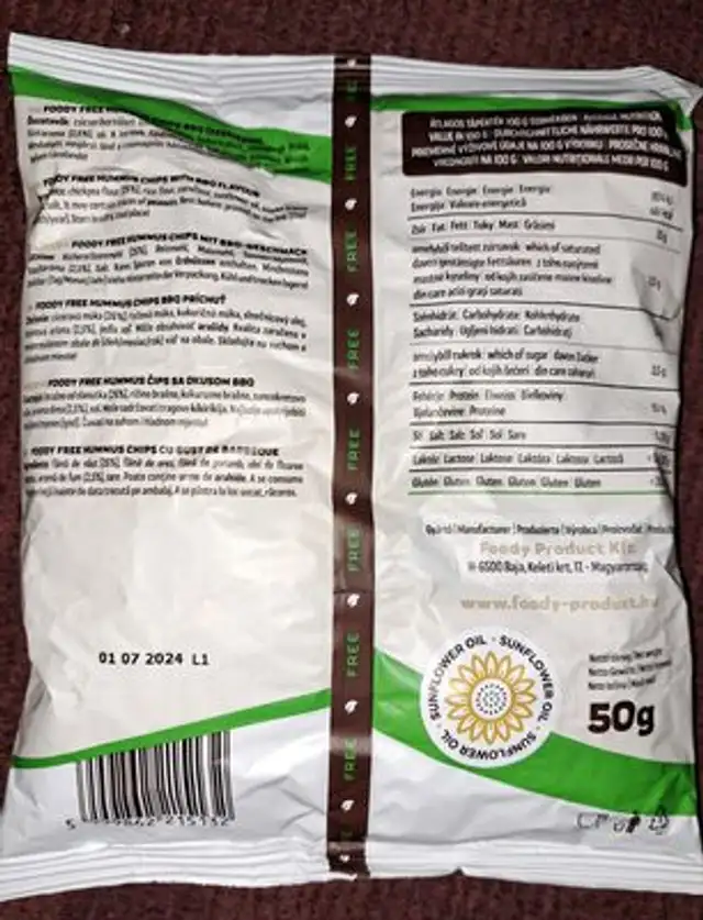 Hummus chips barbecue ingredients label
