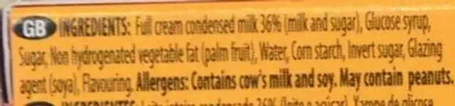 Cream Caramels ingredients label