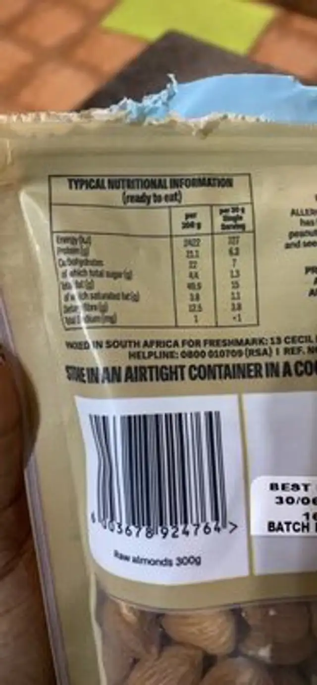 Raw Almonds nutrition facts table