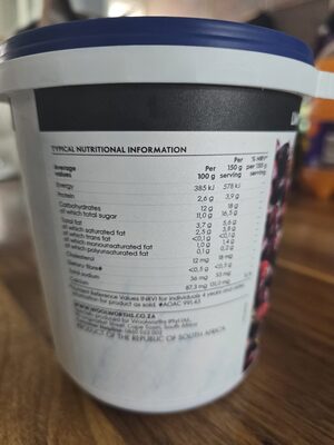 Full Cream Yogurt With Balck Cherry nutrition facts table