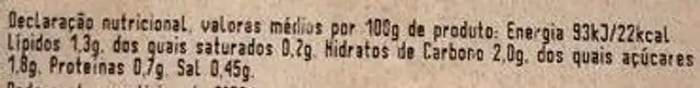 Creme de Legumes sem Batata nutrition facts table