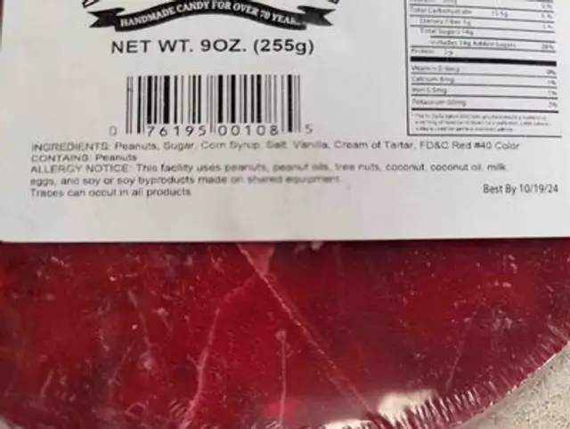 Peanut Pattie ingredients label