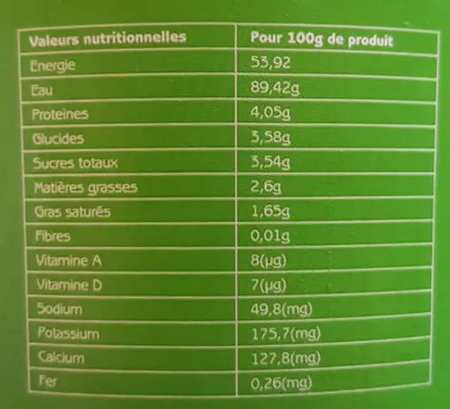 Dolima Soow nature nutrition facts table