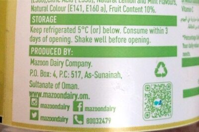 Lemon Mint juice nutrition facts table