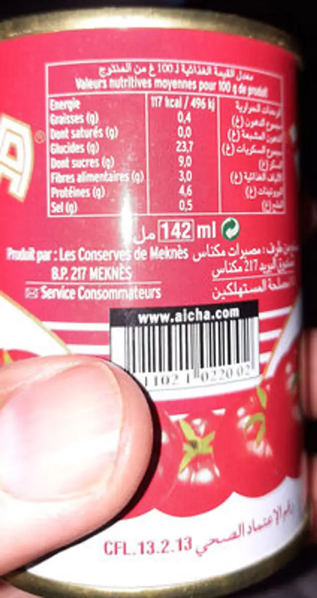 Aicha Double Concentré De Tomates 140 G ingredients label