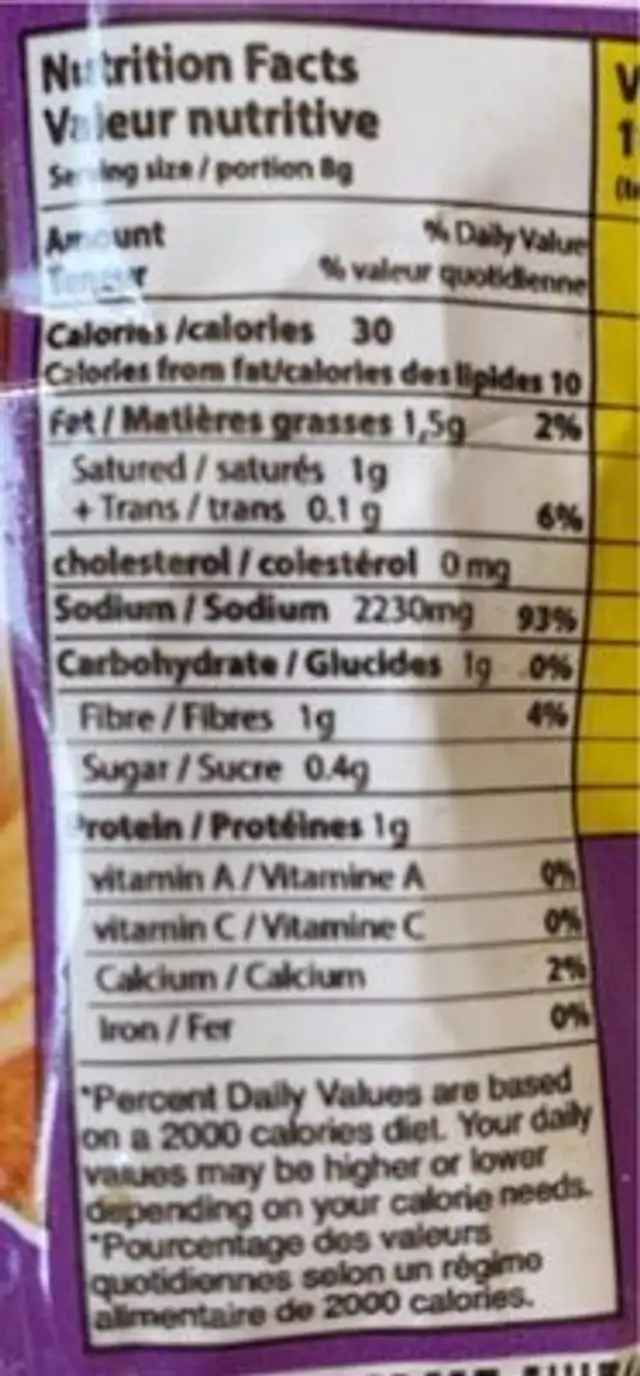 Cubes de bouillon deshydratés nutrition facts table