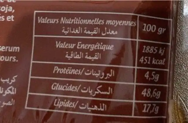 Crepe choco nutrition facts table
