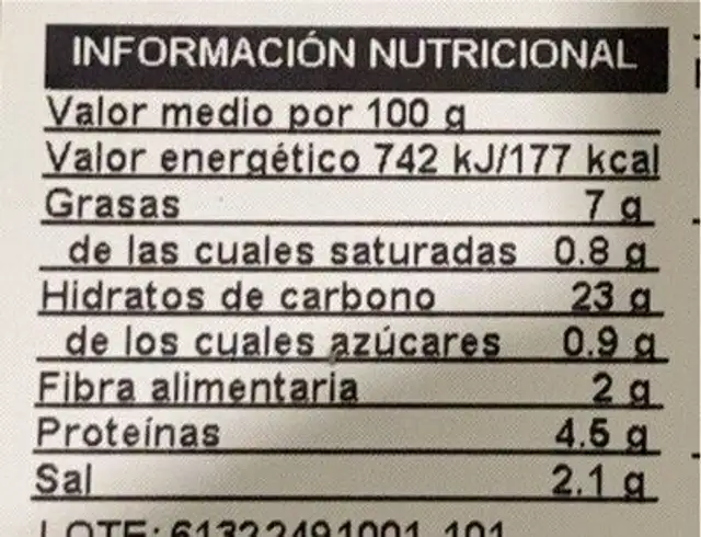 Burger vegana d’arròs-cigrons-pebrot nutrition facts table