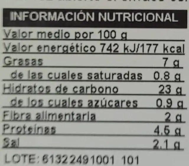 Burger Vegana nutrition facts table