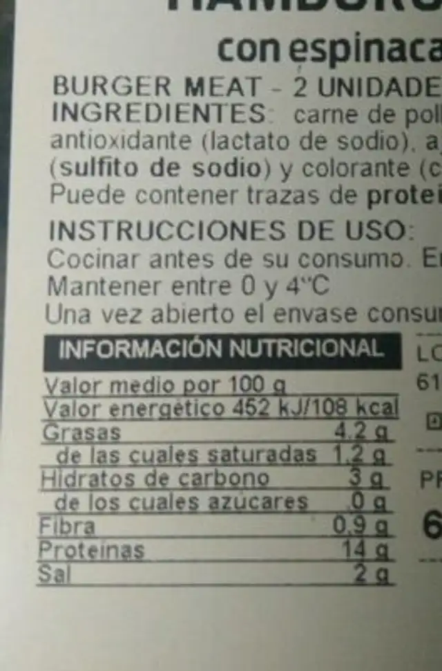 Hamburguesa extra con espinacas nutrition facts table