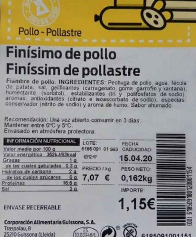 Finísimo de pollo nutrition facts table
