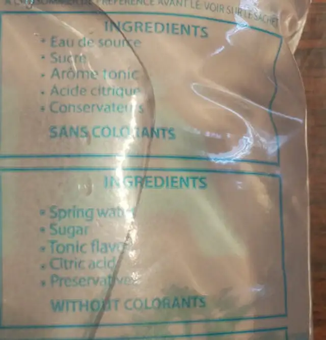 Eau aromatisée Saveur Tonic ingredients label