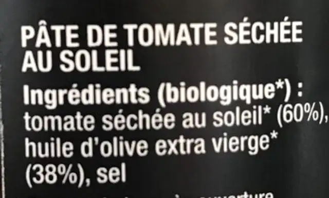 Pâte de tomate séchée au soleil ingredients label