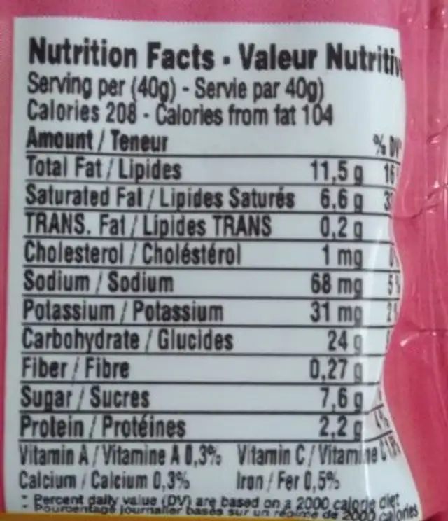 Gaufy (strawberry flavor) nutrition facts table
