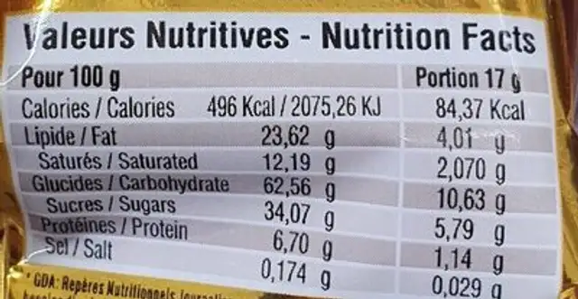 Les Cookies ( pépites de chocolat ) nutrition facts table