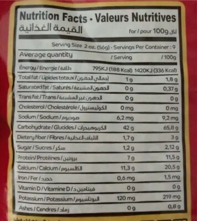 Fell 0 nutrition facts table