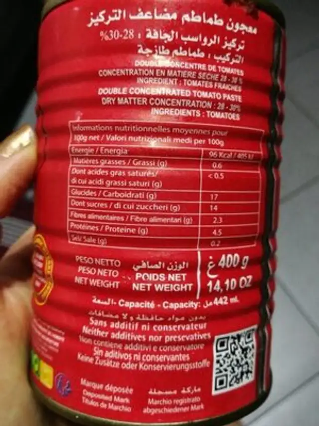 DOUBLE CONCENTRATED TOMATO PASTE nutrition facts table
