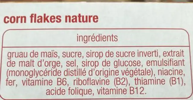 Corn flakes ingredients label