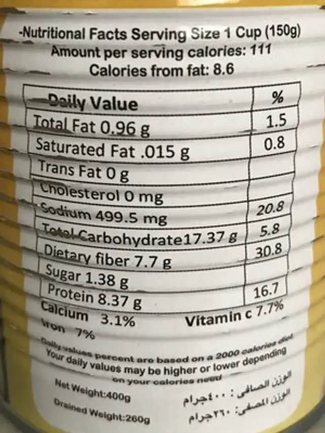 Premium Fava Beans nutrition facts table
