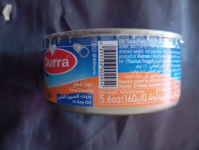 Tuna - Al Durra Chunky White 160 G ingredients label