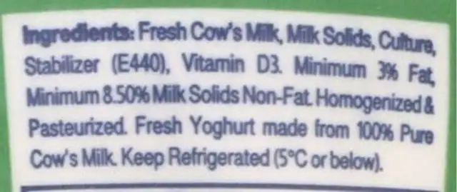 Fresh Yoghurt ingredients label