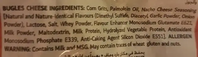 Bugles Chips (nacho Cheese, 90 G) ingredients label