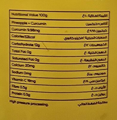 Curcumin in pineapple nutrition facts table