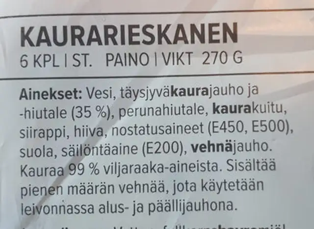 Kaura-rieskanen ingredients label