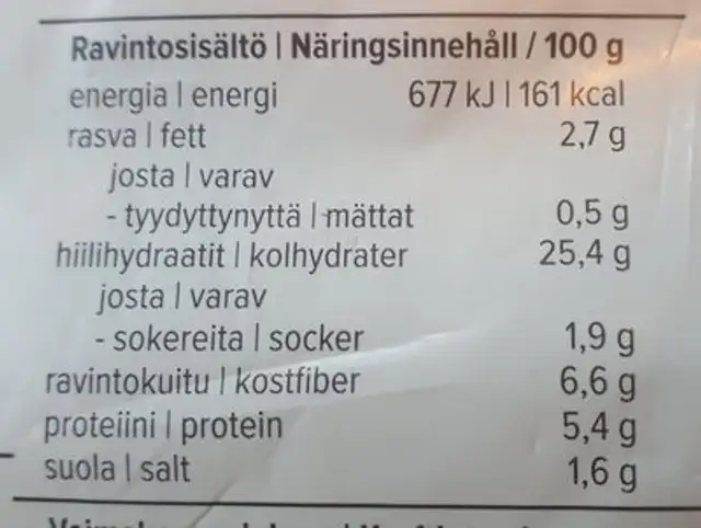 Kaura-rieskanen nutrition facts table
