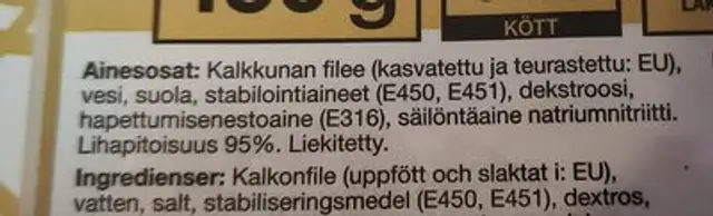 Liekitetty Kalkkuna ingredients label
