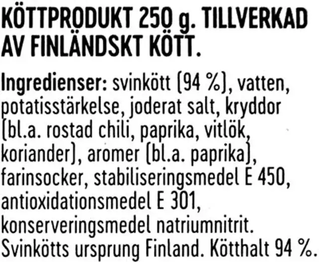 Mör & Snabb Gris med Lätt Pepparsmak ingredients label