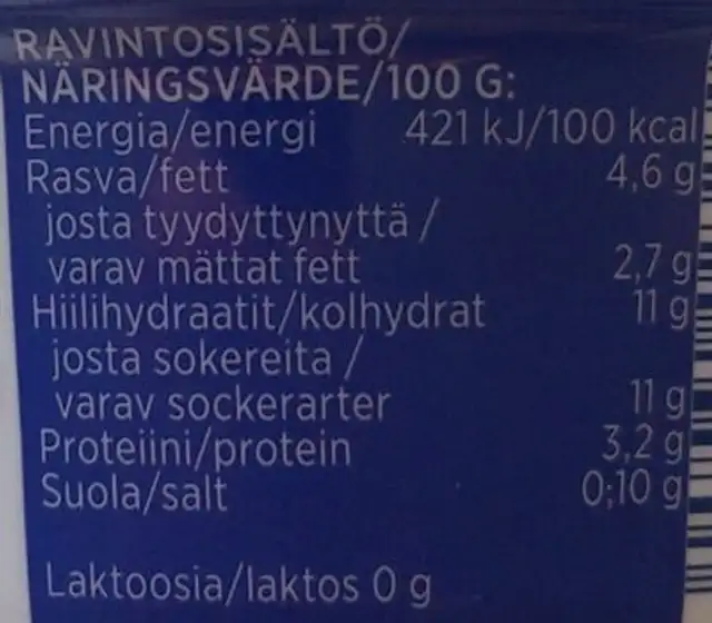 Lohkeava jogurtti mustikka nutrition facts table