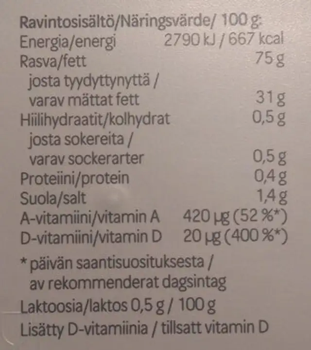 Oivariini Normaalisuolainen nutrition facts table