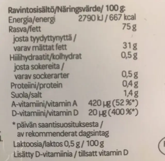 Oivariini Normaalisuolainen nutrition facts table