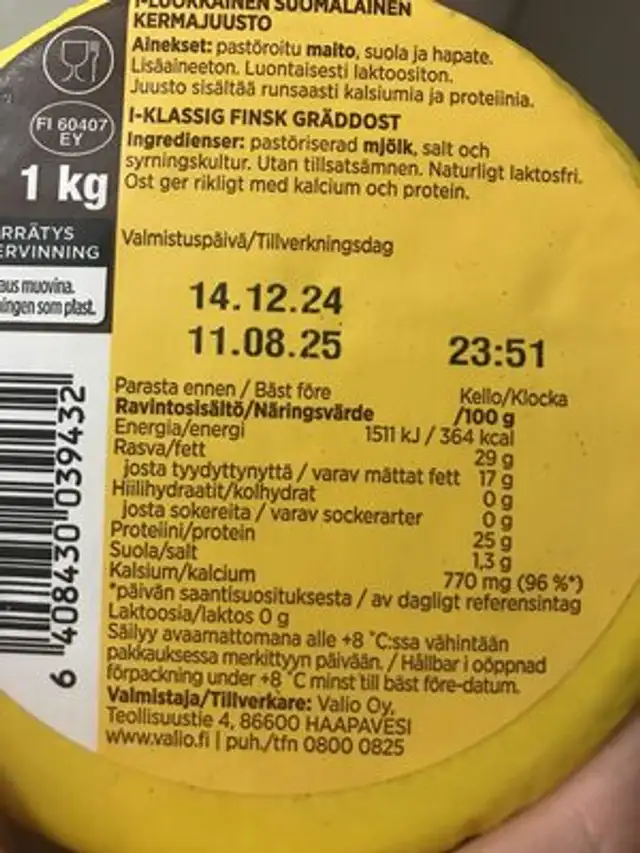 Valio Oltermanni Juusto nutrition facts table