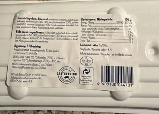 Amerikan pekoni nutrition facts table