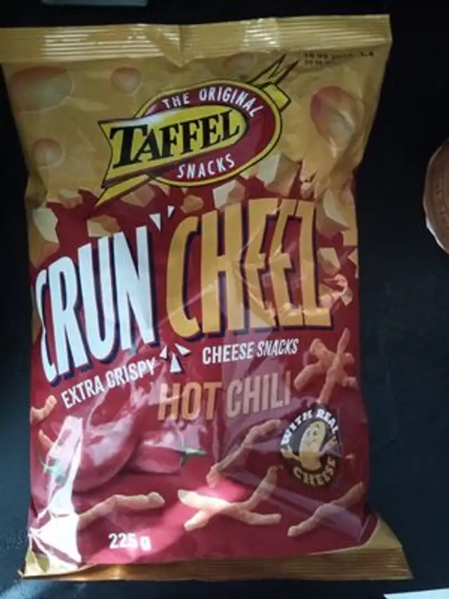 Cruncheez Hot Chili Cheese Snacks front packaging