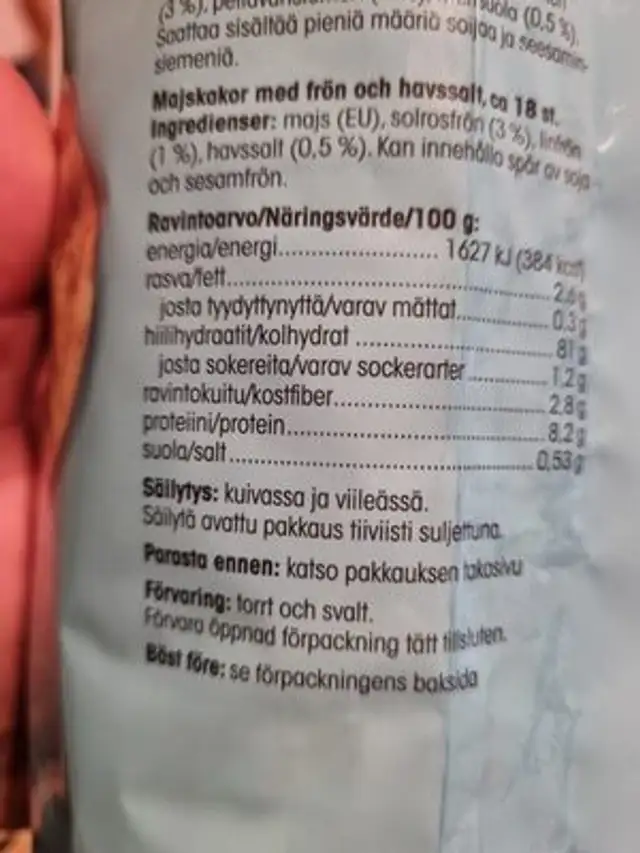 Maissikakku siemenet ja merisuola nutrition facts table