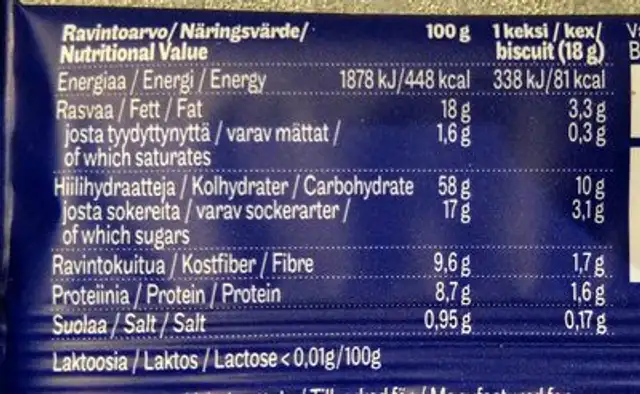 Oat Snack Biscuit nutrition facts table