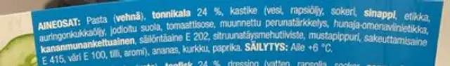 Tonnikala-pastasalaatti ingredients label