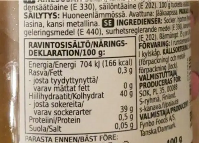 Lakka nutrition facts table