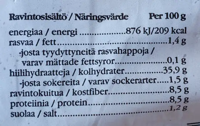 Maalaisruisleipä nutrition facts table