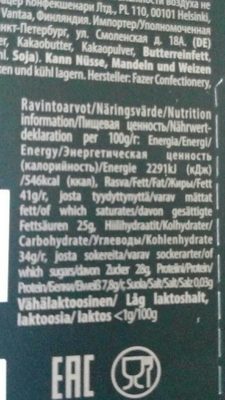 Pure Dark 70% Cocoa Finest Dark Chocolate nutrition facts table