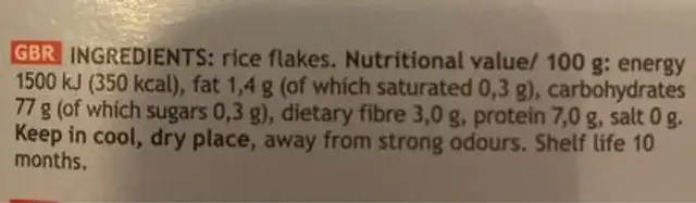 Nordic Rice Flakes nutrition facts table