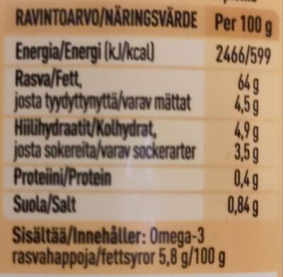 Vegaaninen Savuchilimajoneesi nutrition facts table
