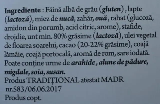 Comoara Măcinului Cozonac ingredients label