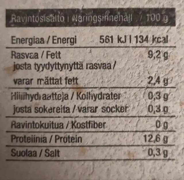 Vapaan kanan munia nutrition facts table