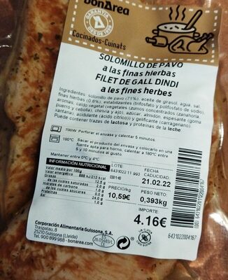 Solomillo de Pavo a las finas hierbas front packaging